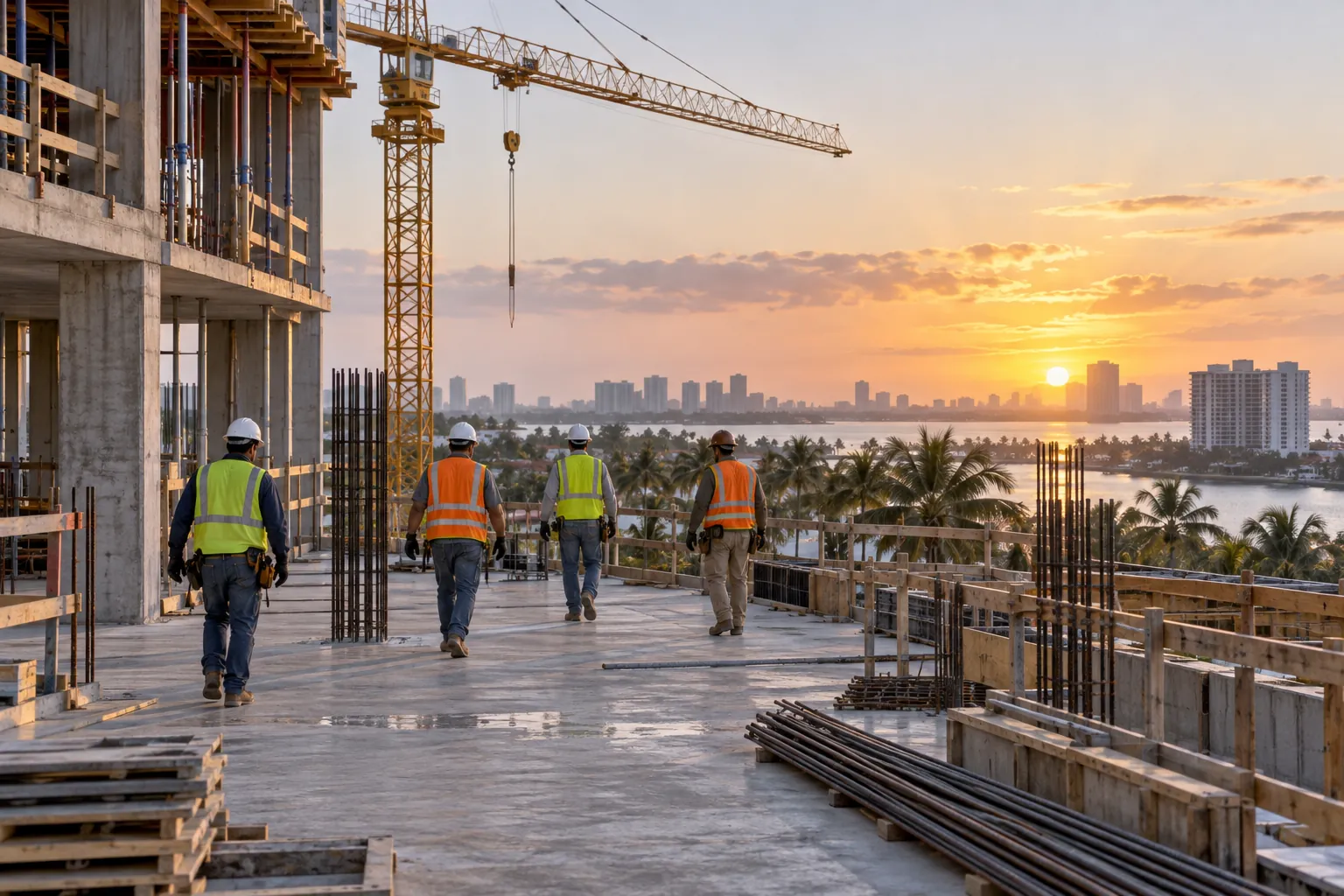 A crew walking a slab at sunrise on a South Florida site