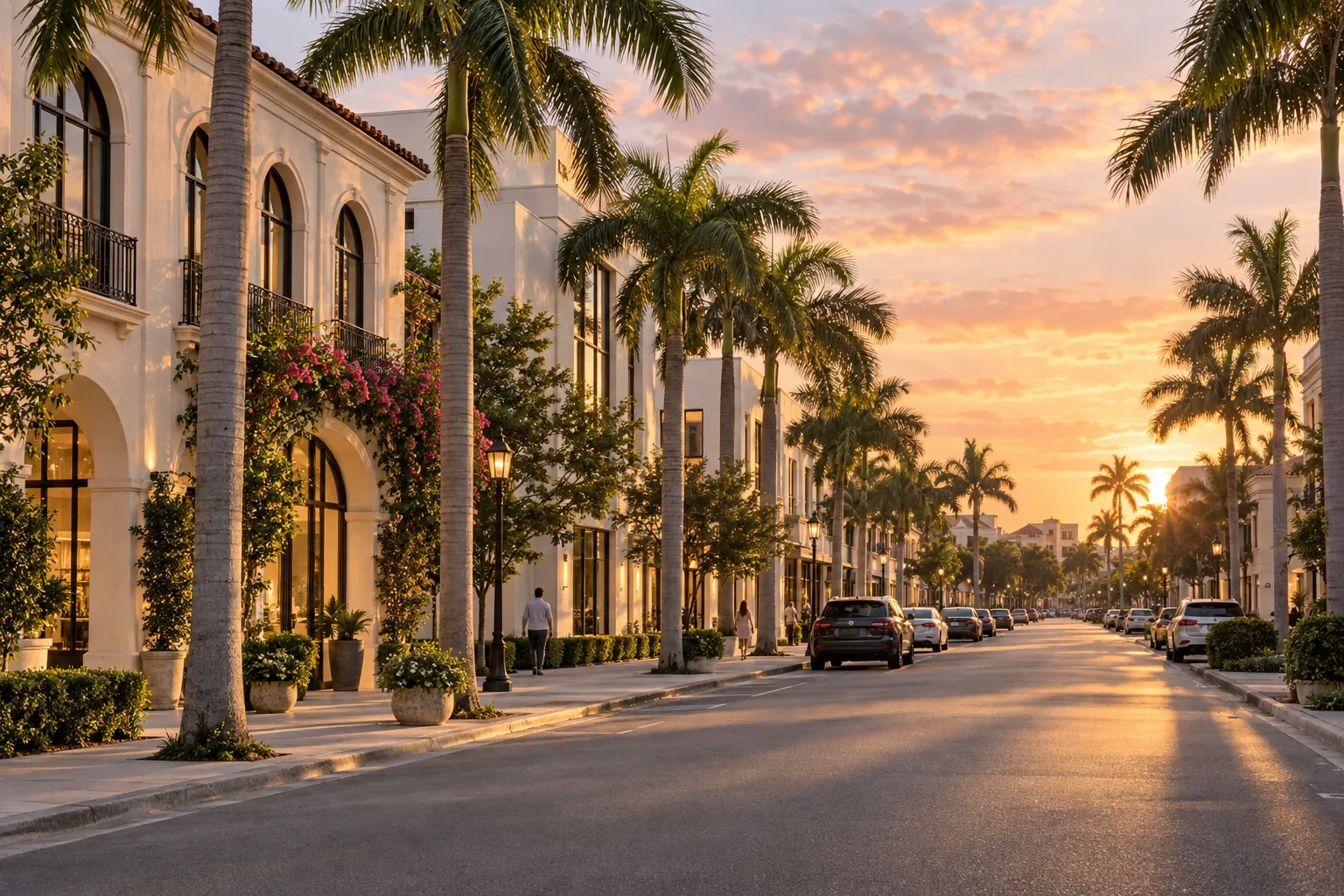 A palm-lined street in West Palm Beach at golden hour