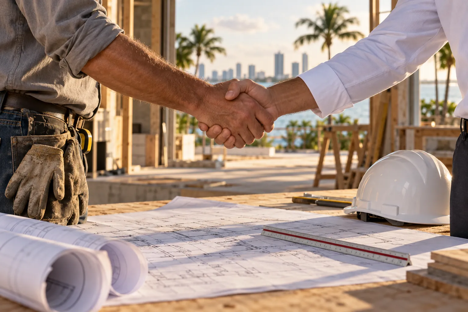 A handshake over architectural plans at a South Florida job site