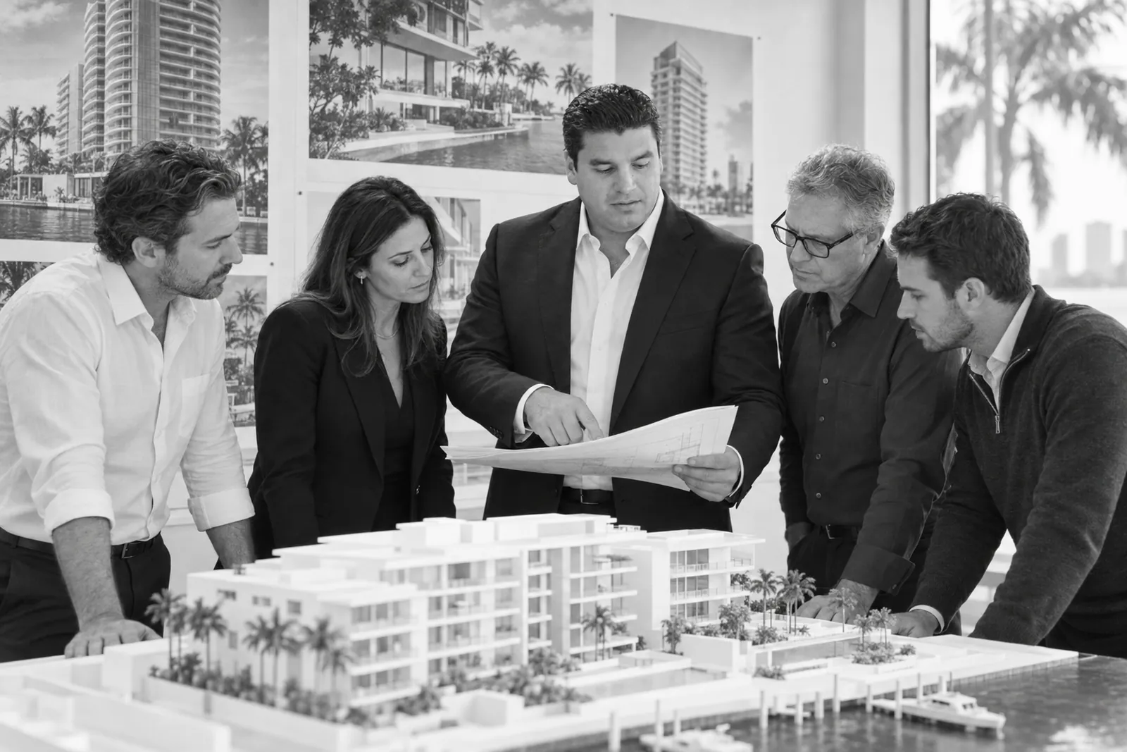 Alex Cagigas reviewing plans with the project team around an architectural model