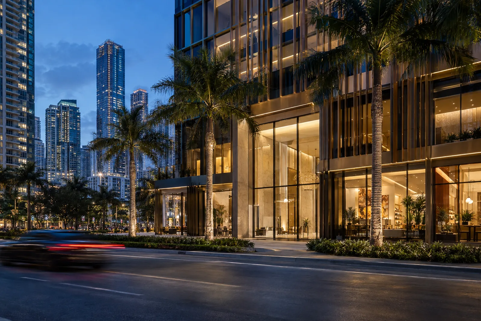 A mixed-use commercial building in Brickell at blue hour