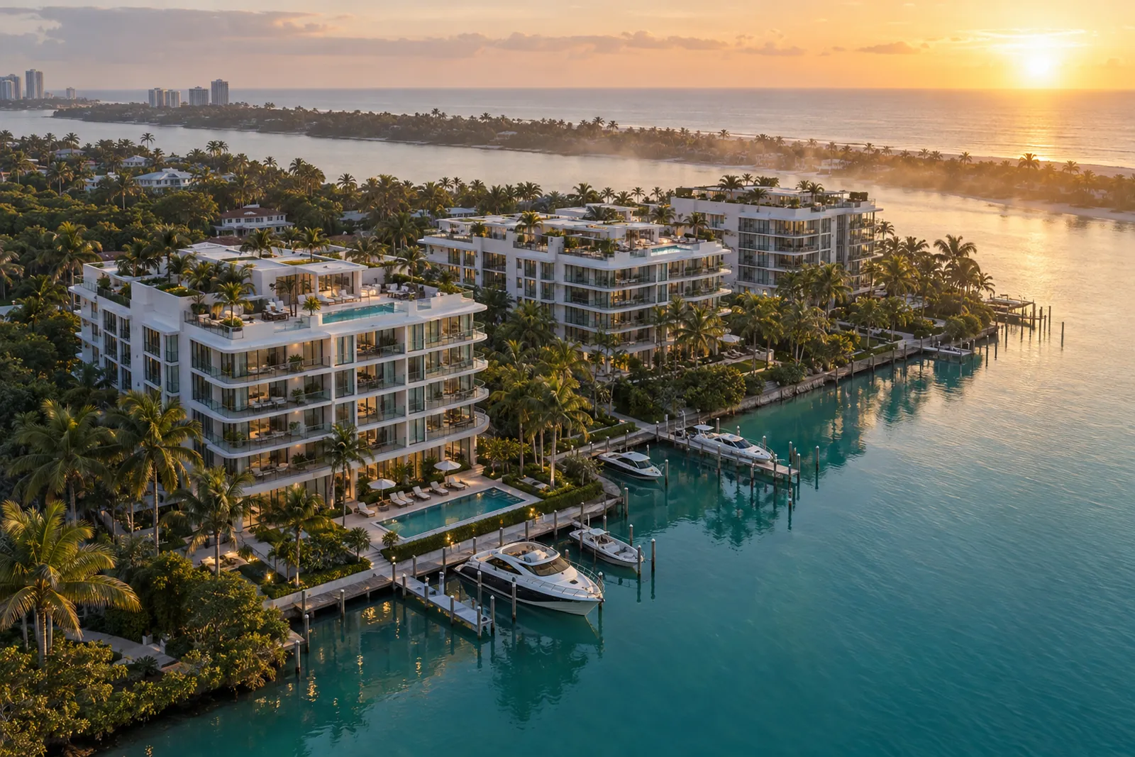 A waterfront residential community on the bay at sunrise
