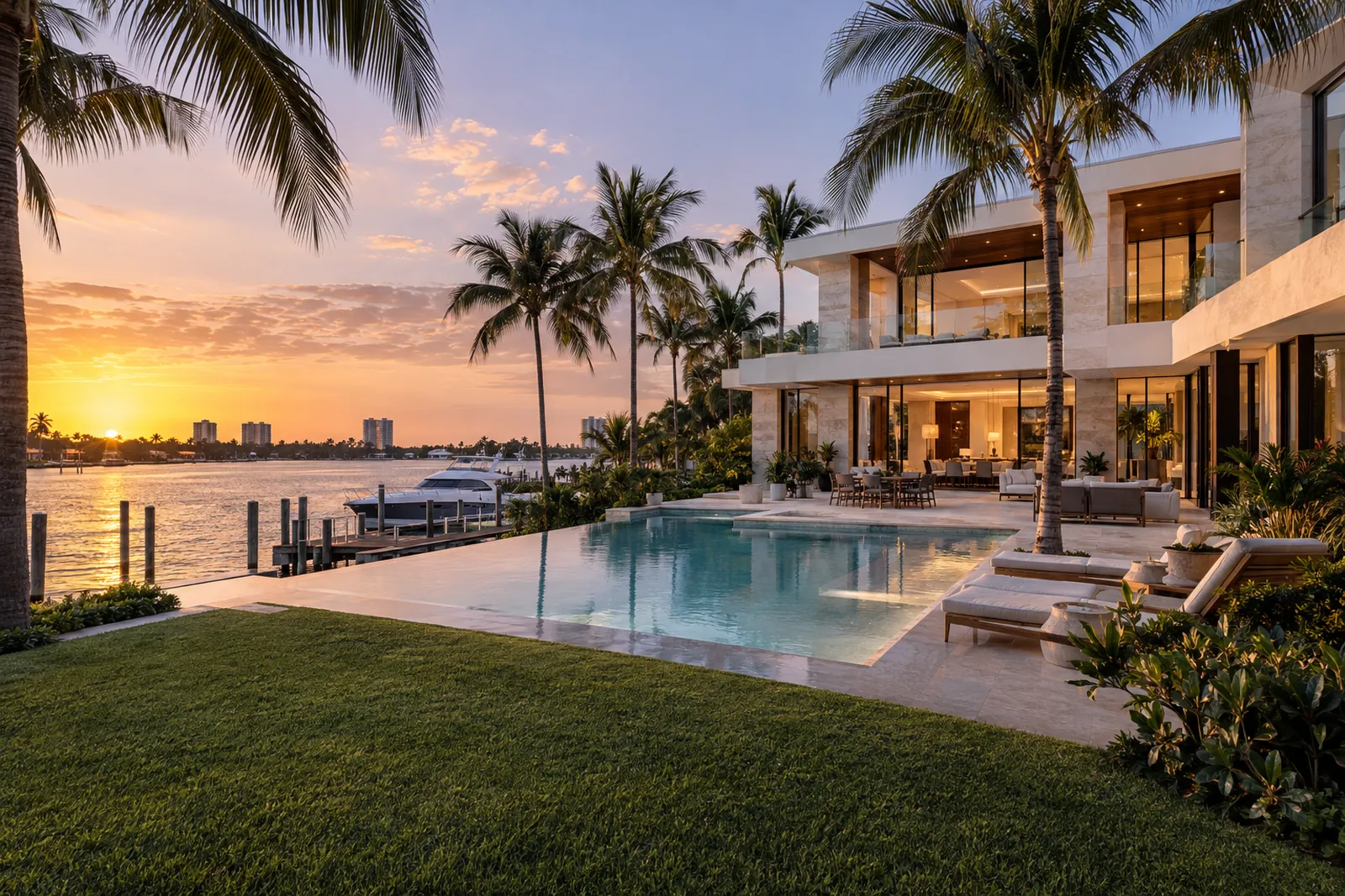 A waterfront estate in Palm Beach at golden hour